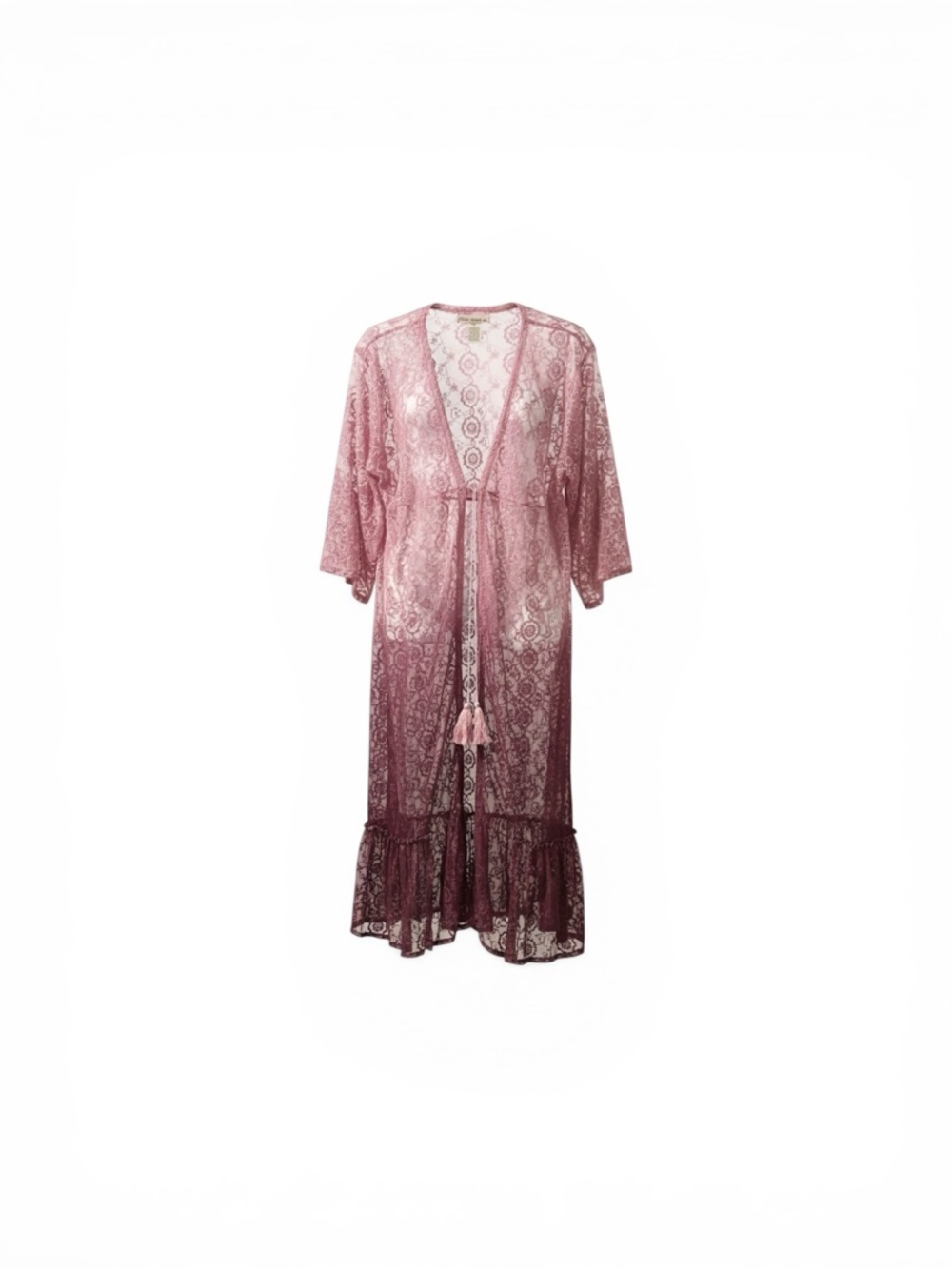 Indigo Thread Co. Mauve Pink Sheer Floral Lace Duster Kimono Cardigan Tie Front - Picture 4 of 8